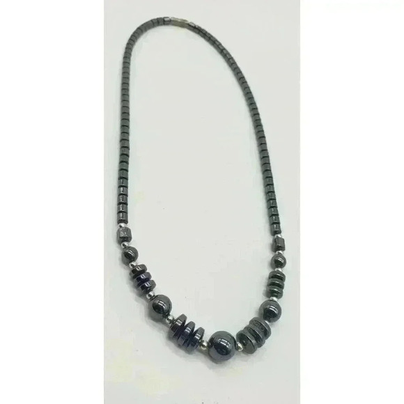 Vintage Necklace Hematite & Sterling Silver Beaded MCM Modernist Brutalist - Picture 3 of 9